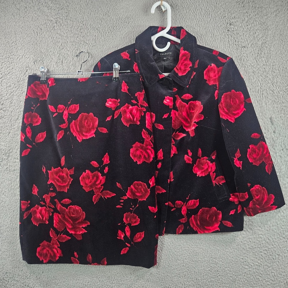 Talbots 2PC Velvet Blazer Set Women Size 2 Skirt Rose Black Red Spellout